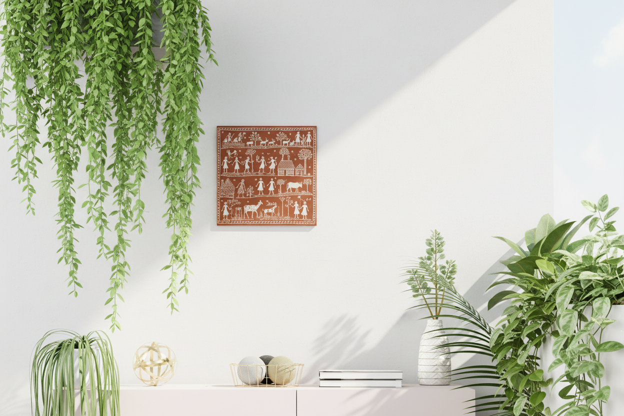 Decorative wall art on a gray wall with a white cabinet and plants below.
