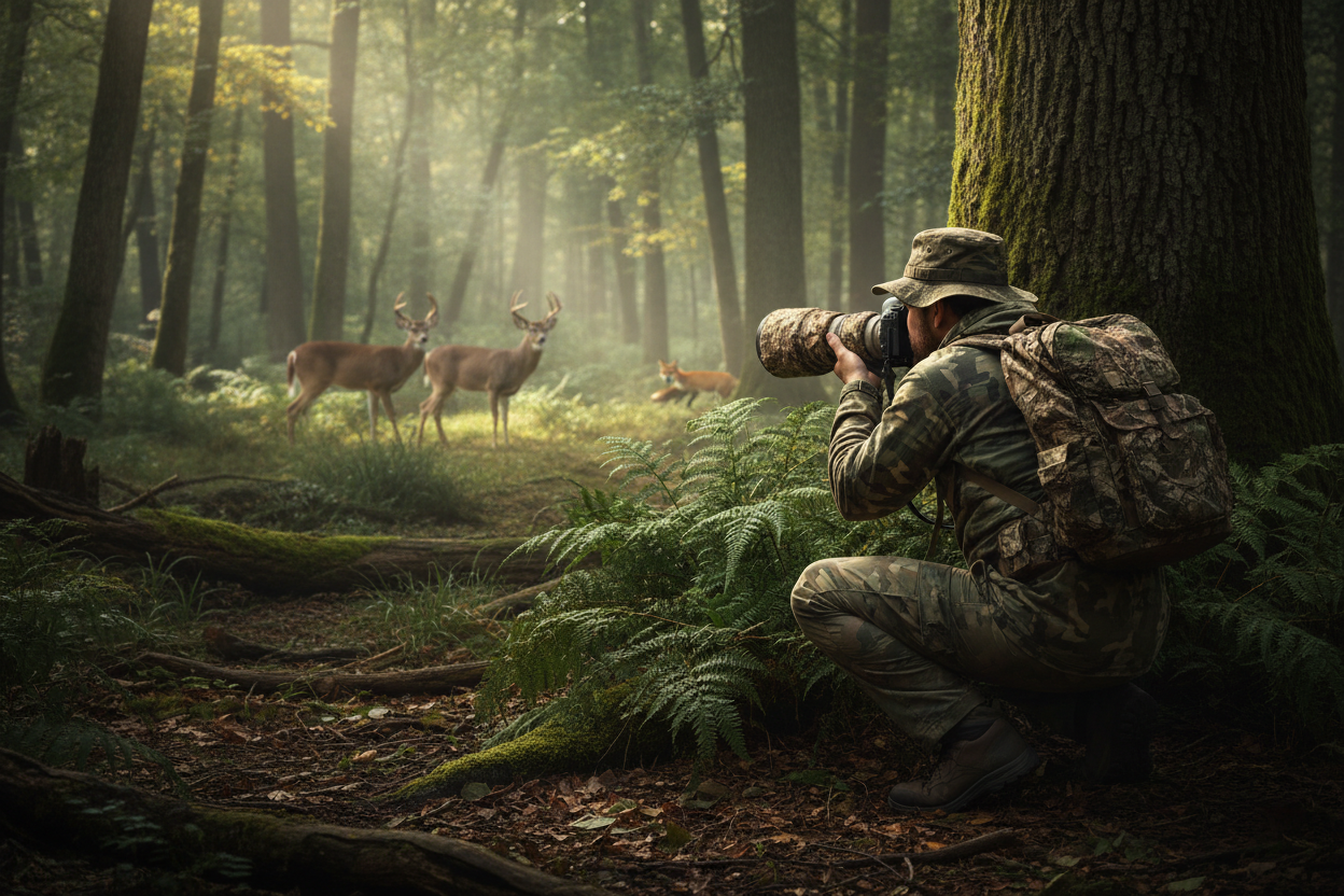 needs to show like the photopher is hiding to take the picture as a protection or securing the shot