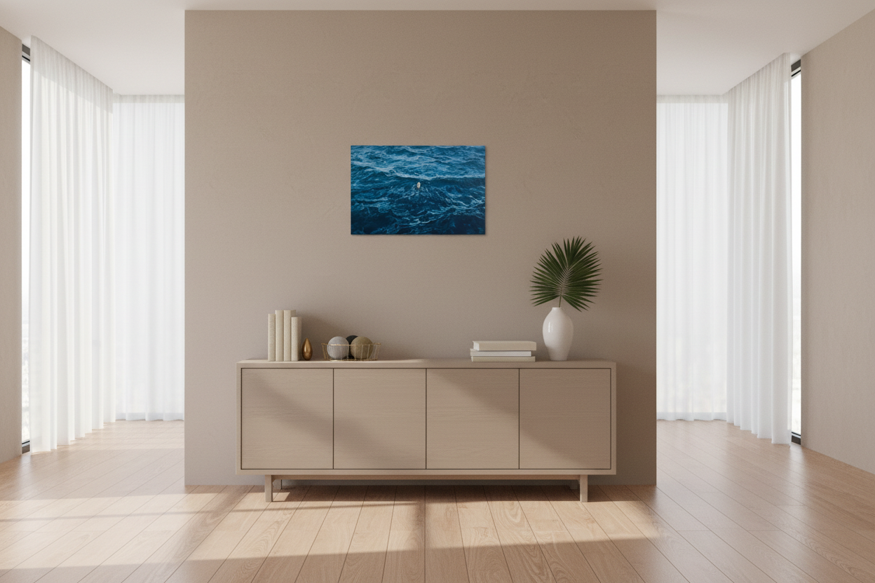 Framed artwork of a blue ocean scene on a wall above a cabinet with decorative items.